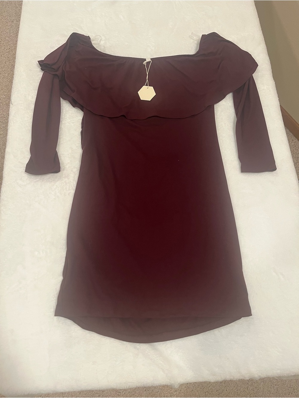PinkBlush Burgundy Off The Shoulder Ruffle Maternity Dress - Size Small - Picture 2 of 7